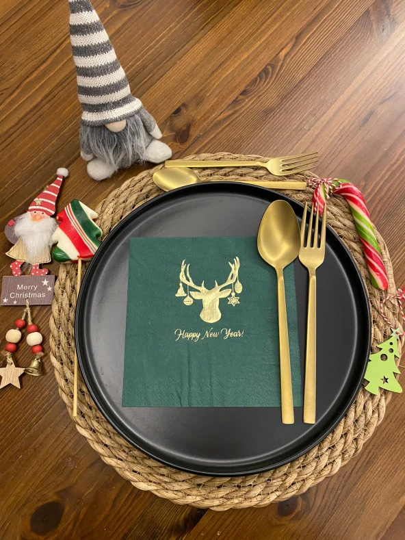 Gold Yaldızlı Yeşil Geyik Happy New Year Kare Peçete ürün görseli 1