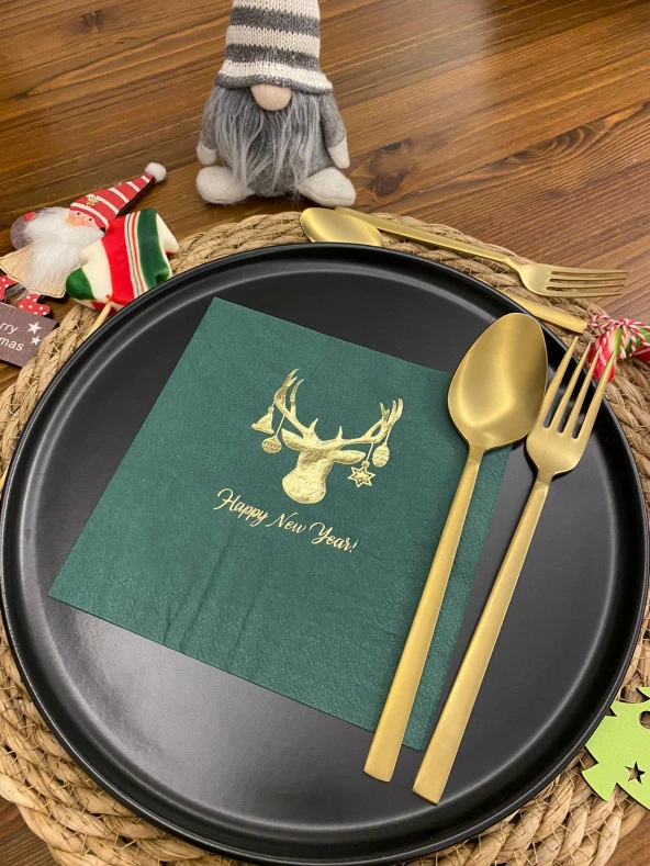 Gold Yaldızlı Yeşil Geyik Happy New Year Kare Peçete - Resim 2