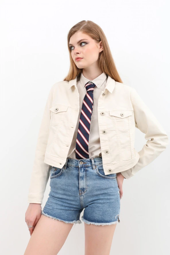 Blue White Kadın Likralı Crop Jean Ceket Taş