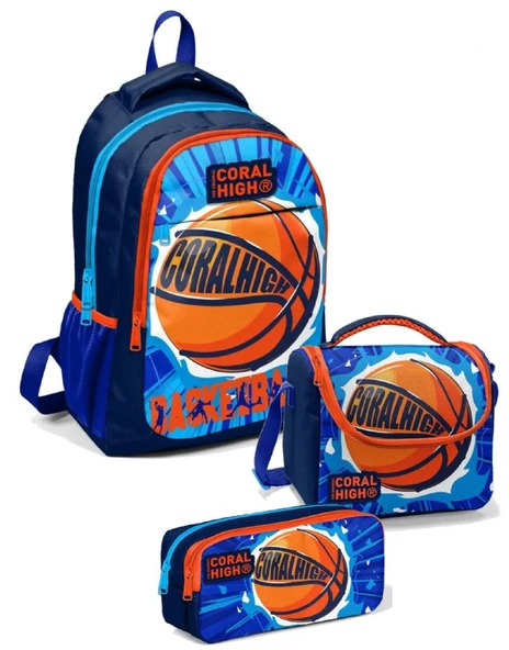 Coral High İlkokul Çanta Takımı Lacivert Turuncu Basketbol  - Erkek Çocuk Okul Çantası Seti