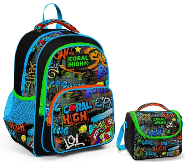 Coral High Siyah Grafiti Erkek Çocuk İlkokul Çantası ve Beslenme Çantası Seti