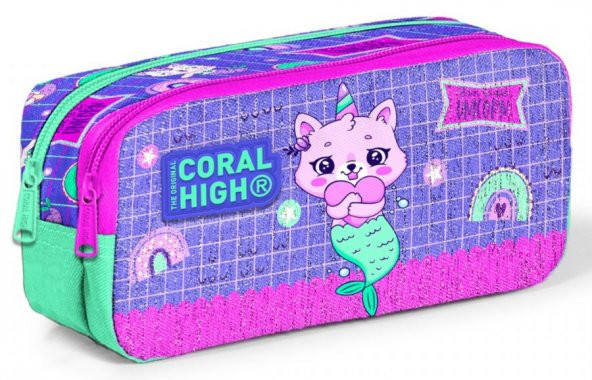 Coral High Kids İki Bölmeli Kız Çocuk Pembe Mor Kedi Unicorn Kalem Çantası Kalemlik
