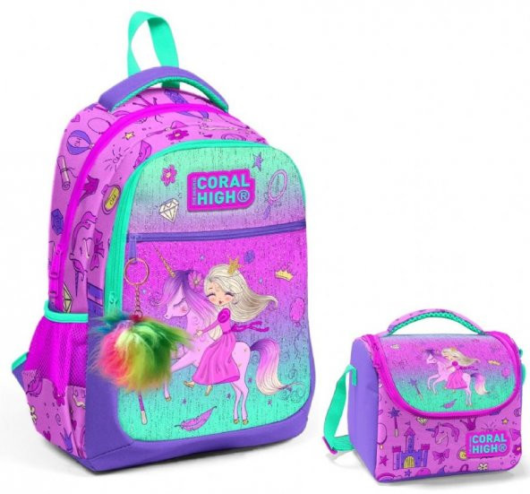 Coral High Pembe Yeşil Unicorn ve Prenses Okul Sırt ve Beslenme Çantası Seti - Kız Çocuk