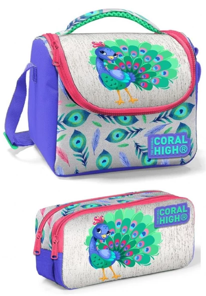 Coral High Kız Üç Bölmeli Okul Sırt Çantası Beslenme Çantası ve Kalemlik Seti Mavi Yeşil Tavuskuşu - Resim 4