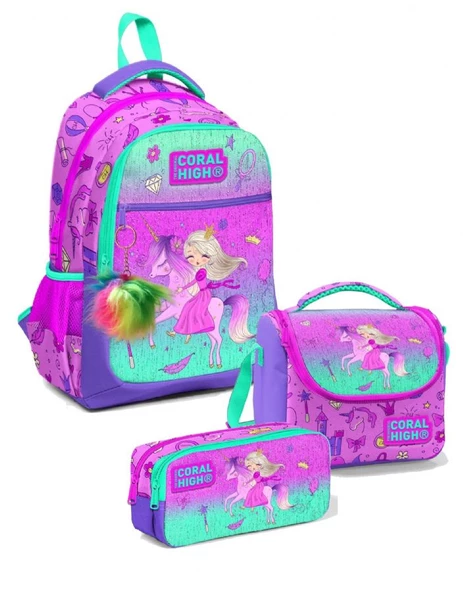 Coral High Kız Üç Bölmeli Okul Sırt Çantası Beslenme Çantası ve Kalemlik Seti Pembe Yeşil Prenses ürün görseli
