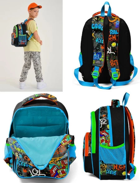 Coral High Siyah Mavi Grafiti İlkokul Okul Sırt Çantası - Erkek Çocuk - Resim 3