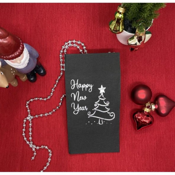 Gümüş Yaldızlı Siyah Happy New Year Çam Ağacı Peçete ürün görseli 1