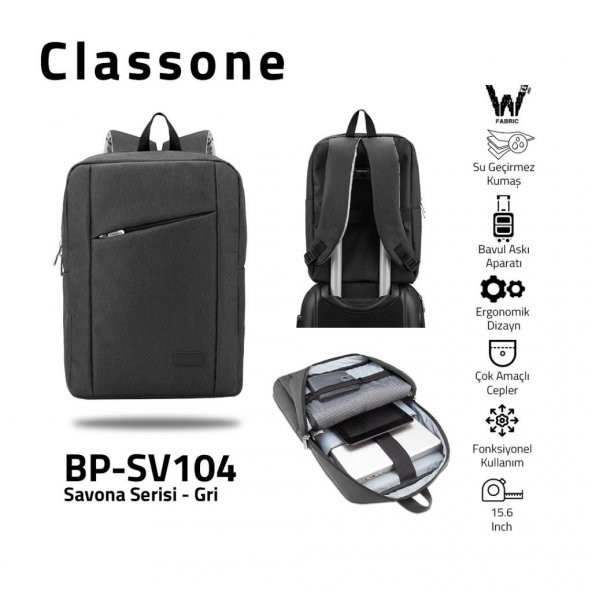 Classone Savona BP-SV104 15.6" Su Geçirmez Kumaş  Notebook Laptop Sırt Çantası-Gri - 2