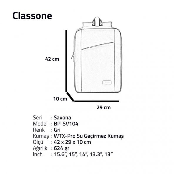 Classone Savona BP-SV104 15.6" Su Geçirmez Kumaş  Notebook Laptop Sırt Çantası-Gri - 6