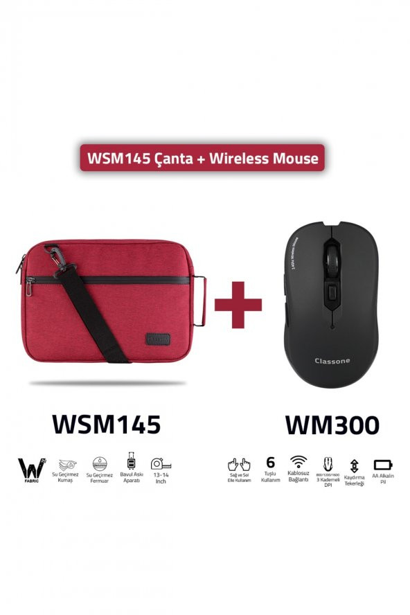 Classone Wsm145-Wm300 13-14" Su Geçirmez Kumaş Ve Fermuar Laptop Notebook Çantası + Mouse