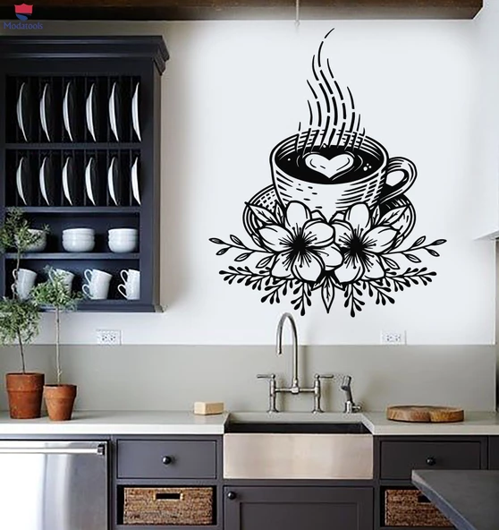 Oturma Odası, Yatak Odası Duvar Sticker Çay Saati Çay Bardağı Mutfak Cafe Çiçekler Çıkartmalar
