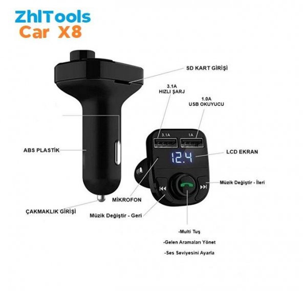Zhltools Car X8 Otomobil Fm Transmitter Bluetooth Usb Mp3 Sd Kart - 4