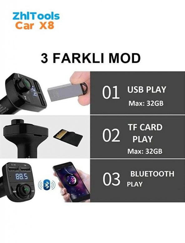 Zhltools Car X8 Otomobil Fm Transmitter Bluetooth Usb Mp3 Sd Kart - 5