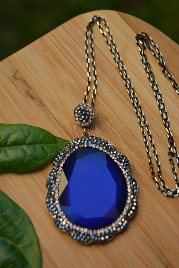 STONEAGE Saks Mavisi Kedi Gözü Büyük Kolye - Resim 2