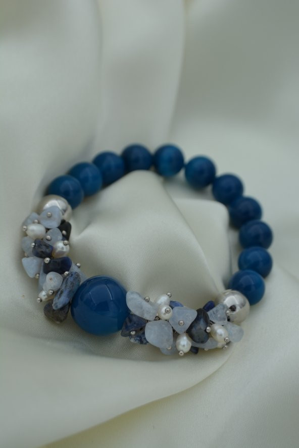STONEAGE Güzel Bayan Bileklik Ceyt İnci ve Lapis Lazuli Taşlı El Yapımı - Resim 2