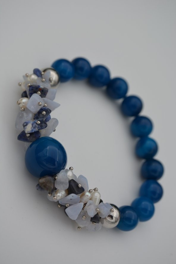 STONEAGE Güzel Bayan Bileklik Ceyt İnci ve Lapis Lazuli Taşlı El Yapımı - Resim 3