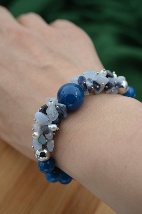 STONEAGE Güzel Bayan Bileklik Ceyt İnci ve Lapis Lazuli Taşlı El Yapımı - Resim 6