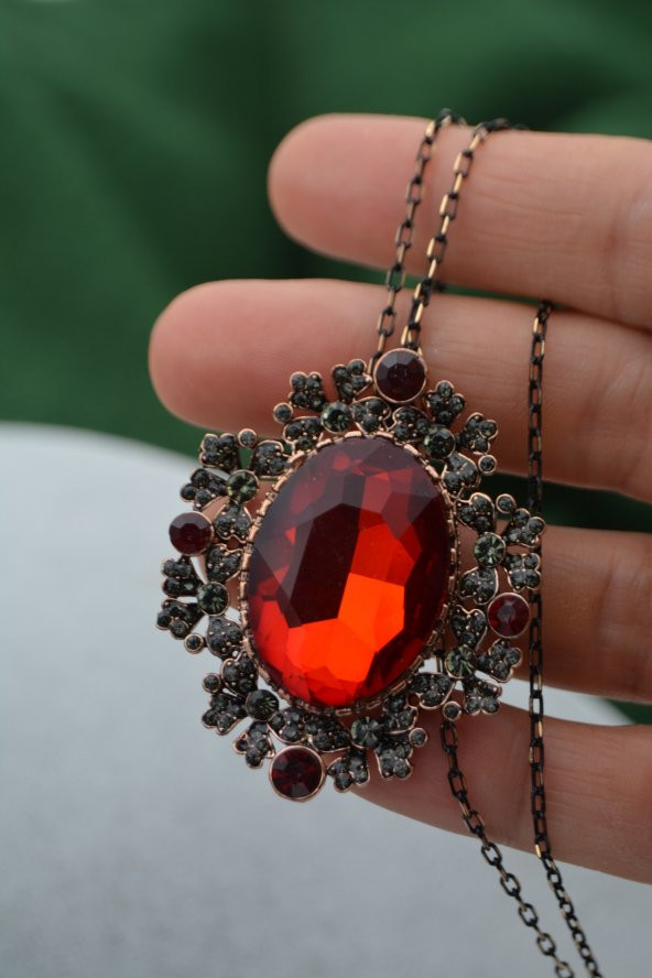 STONEAGE Yakut ve Zirkon Taşlı Broş Kolye Zincir Hediyeli - 2