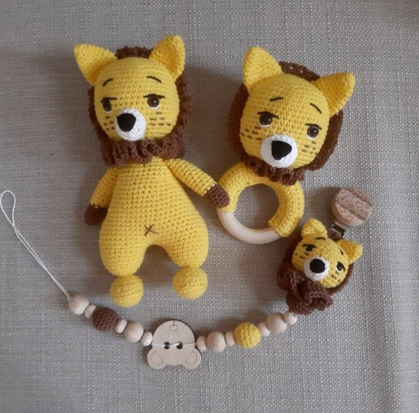 Aslan Kral Uyku Arkadaşı Seti Amigurumi Organik Oyuncak - Resim 3
