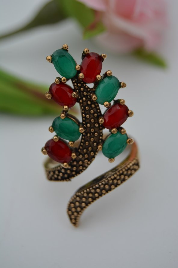 STONEAGE Bayan Ayarlanabilir Yakut ve Zümrüt Taşlı Yüzük - 3