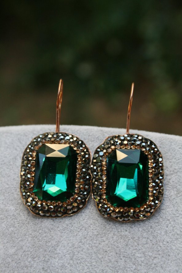 STONEAGE Bayan Küpe Yeşil Kristal Taşlı El Yapımı Hediye Kutusunda Gönderilir - Resim 2