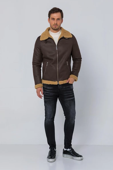 Erkek Regular Fit İçi Yünlü Fermuar Detaylı Deri İşçilikli Klasik Napa Deri Mont - 7