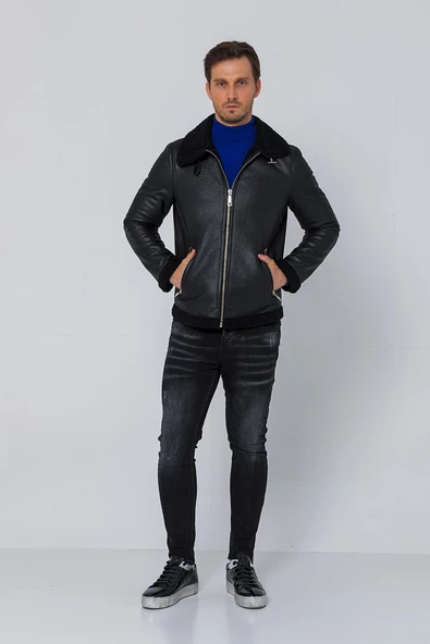 Erkek Regular Fit İçi Yünlü Fermuar Detaylı Deri İşçilikli Klasik Napa Deri Mont - 5