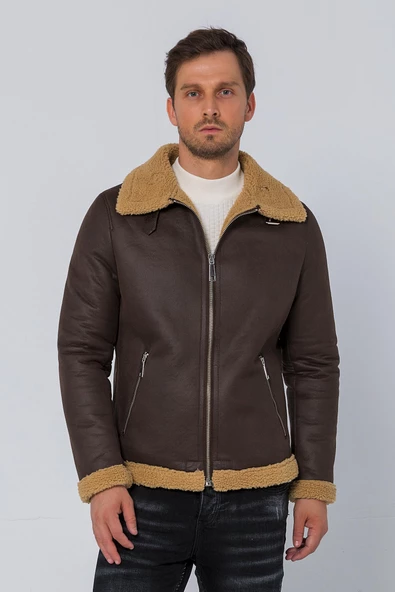Erkek Regular Fit İçi Yünlü Fermuar Detaylı Deri İşçilikli Klasik Napa Deri Mont - 6