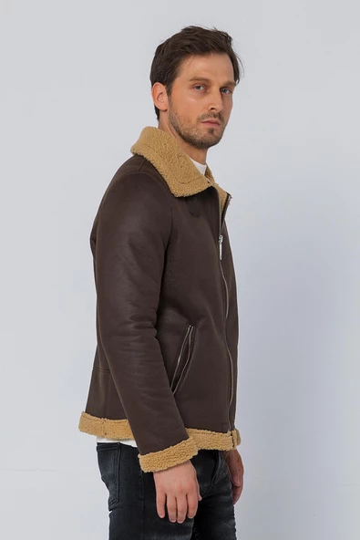 Erkek Regular Fit İçi Yünlü Fermuar Detaylı Deri İşçilikli Klasik Napa Deri Mont - 10