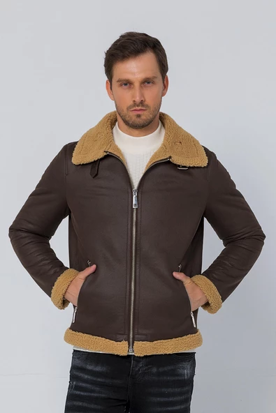 Erkek Regular Fit İçi Yünlü Fermuar Detaylı Deri İşçilikli Klasik Napa Deri Mont - 11