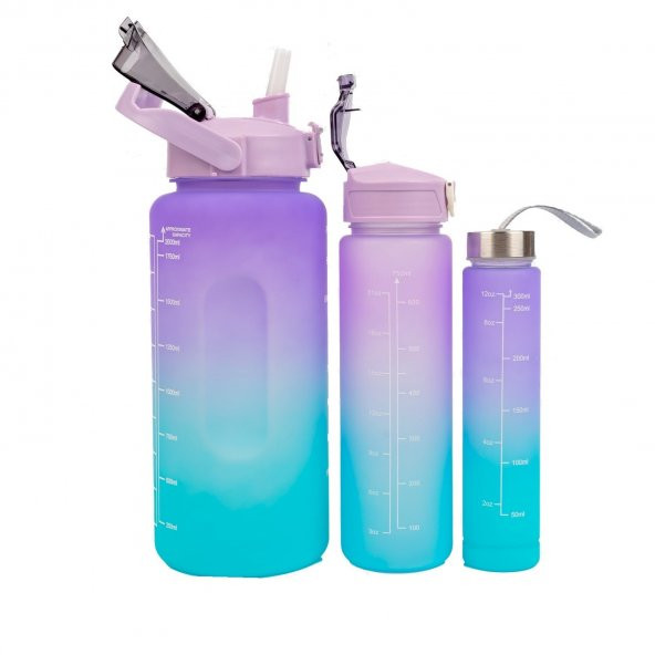 Hayal Sepeti  3lü Set Su Matarası Su Şişesi Suluk 2lt+900ml+600ml Tritan Spor Salonu Su Şişesi Suluk