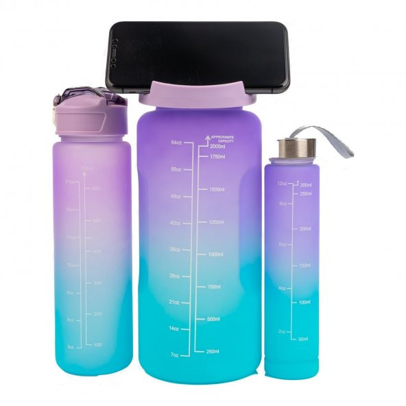 Hayal Sepeti  3lü Set Su Matarası Su Şişesi Suluk 2lt+900ml+600ml Tritan Spor Salonu Su Şişesi Suluk - 2