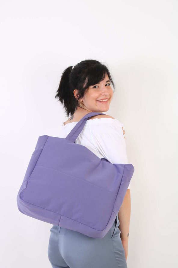 Soobepark 3 Bölmeli Shopper Puf Kumaş Kadın Omuz ve El Çantası Lila - 4