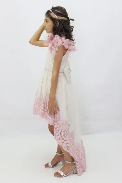 GALA pembe dantelli omuzları tüylü elbise - 5