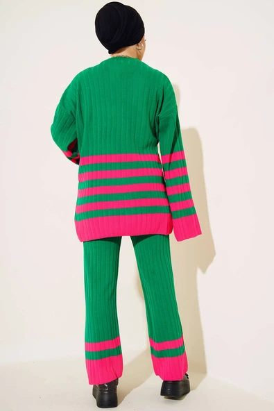 Yatay Şerit Detaylı Salaş Triko İkili Takım Yeşil - 3