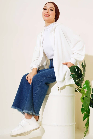 Kapüşonlu Fermuarlı Salaş Hırka Ekru - Resim 2