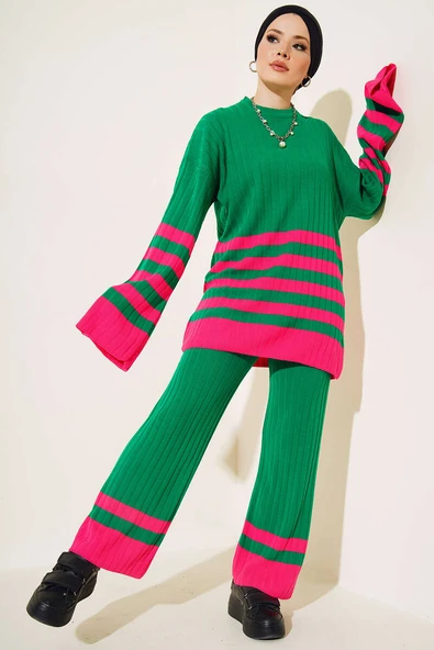 Yatay Şerit Detaylı Salaş Triko İkili Takım Yeşil - 2