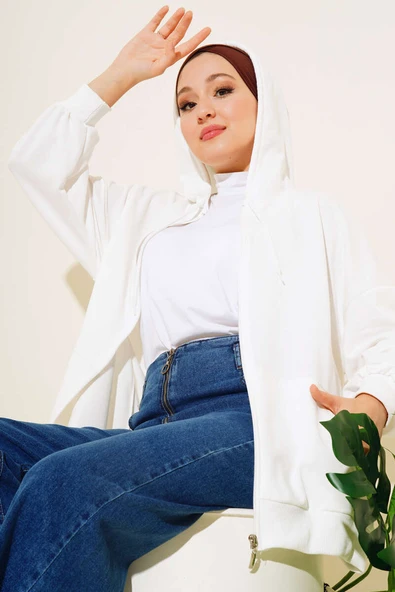 Kapüşonlu Fermuarlı Salaş Hırka Ekru ürün görseli 1