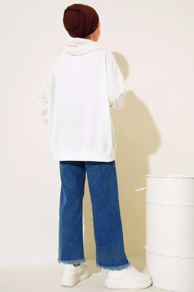 Kapüşonlu Fermuarlı Salaş Hırka Ekru - Resim 3
