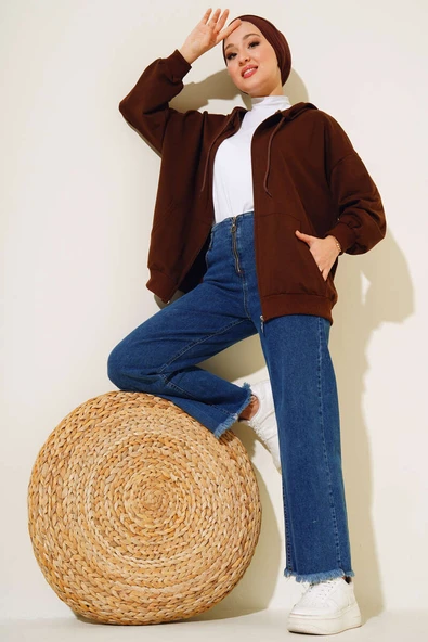 Kapüşonlu Fermuarlı Salaş Hırka Kahve - Resim 2