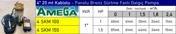 AMEGA 4SKM100 1 HP 4" 20 mt Kablolu - Panolu Bronz Sürtme Fanlı Dalgıç Pompa - Bakır Sargı - Resim 2