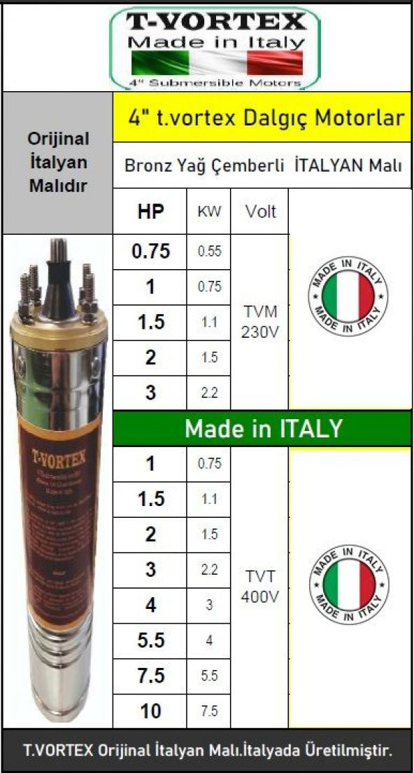 VORTEX ORJİNAL İTALYAN 1 HP 380v Bronz Yağ Çemberli NSK Rulmanlı 4" Dalgıç Pompa Çıplak Motor - 2