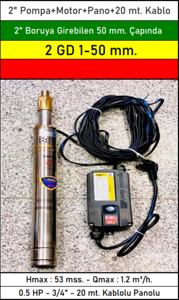 VORTEX 2 GD 1-50 mm Çapında 0.5 HP 2" Boruya Göre Dalgıç Pompa+Motor+Pano+20 mt. Kablo - 2