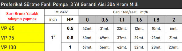 VORTEX VP100 1 HP 220V Preferikal Sürtme Fanlı Bronz Yataklı Krom Milli Su Pompası - Bakır Sargı - 2