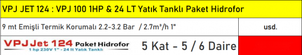 VORTEX VPJ JET 124 1 HP 5 Kat 6 Daire 24 LT Yatık Tank Kitli Paket Hidrofor - Resim 2