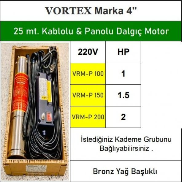 VORTEX VRM-P 100 1 HP 220v 25 mt. Kablolu & Panolu Bronz Yağ Çemberli Dalgıç Pompa Çıplak Motoru - 2