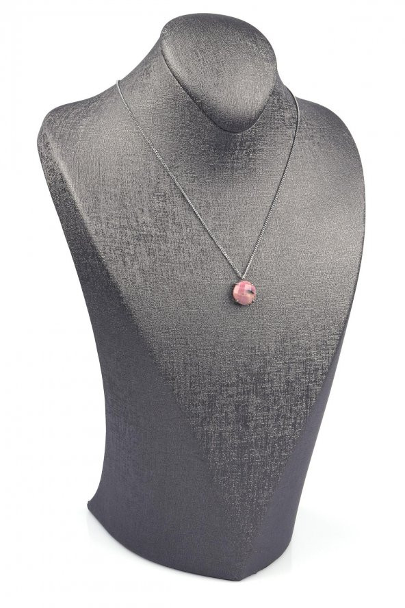 Rodonit Doğal Taş Gümüş Renkli Kolye - Resim 2