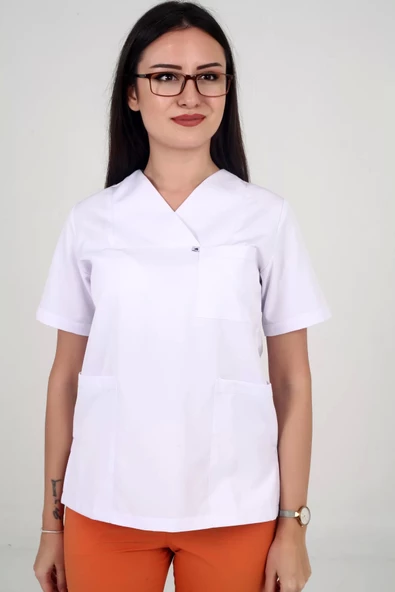 Deniz İş Kadın Alpaka Zarf Yaka Beyaz Renk Teküst Scrubs - 3