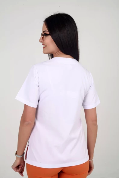 Deniz İş Kadın Alpaka Zarf Yaka Beyaz Renk Teküst Scrubs - 4