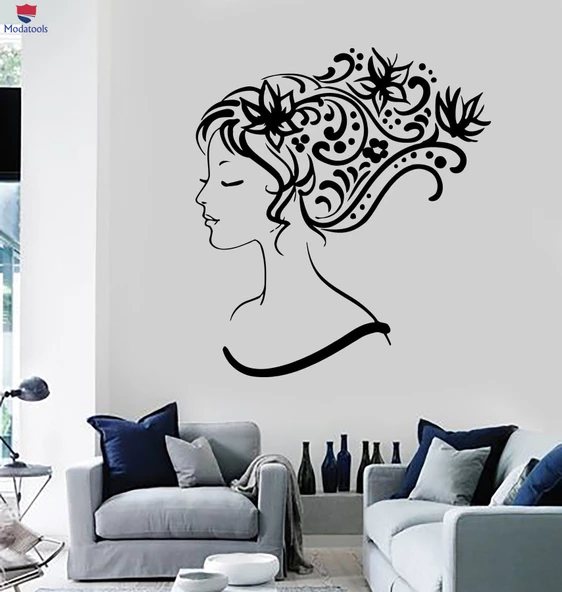 Duvar Sticker Oturma Odası, Yatak Odası Sticker Kadın Soyut Kuaför Stilist Çiçek Benzersiz Hediyelik ürün görseli